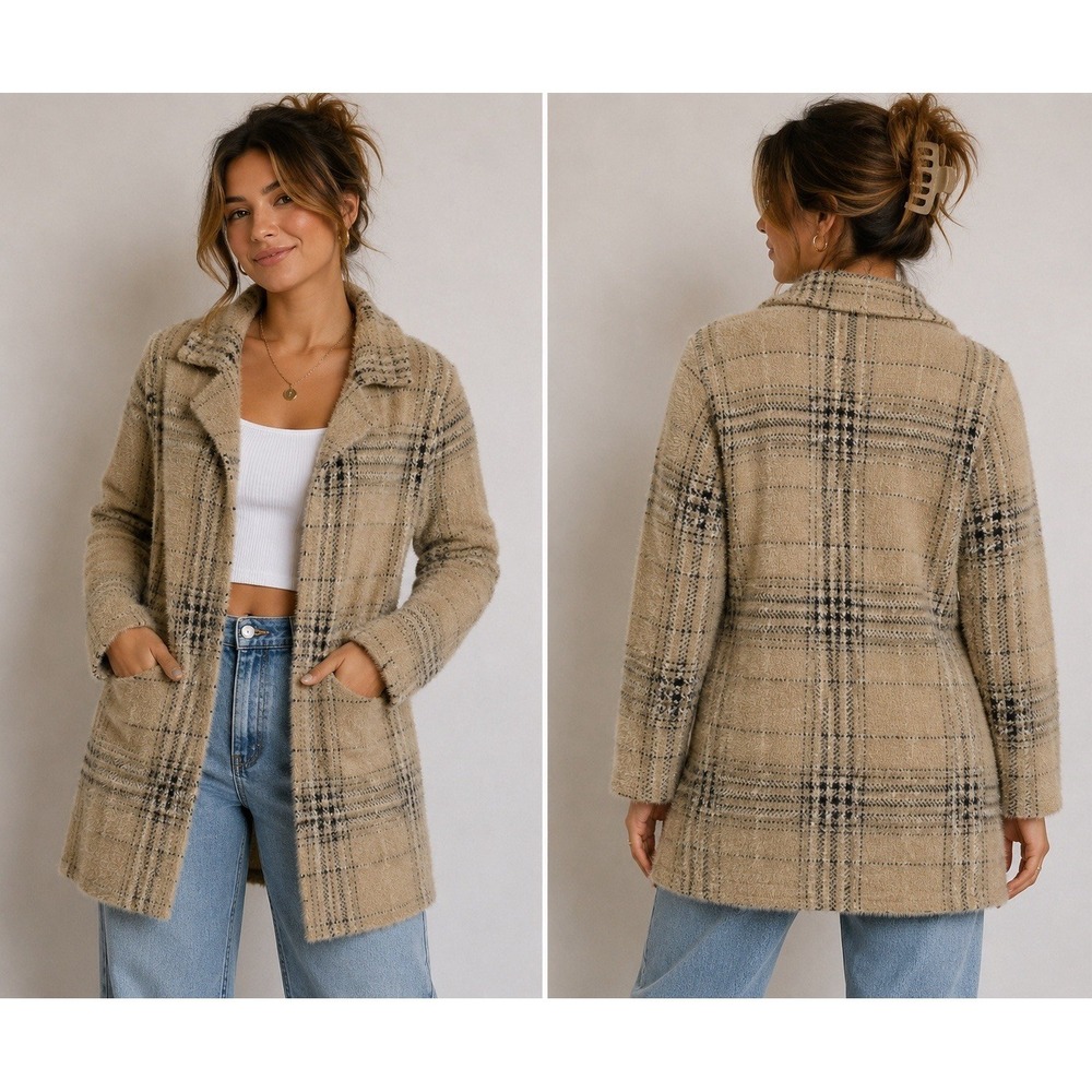 J. Jill Wearever Coatigan Soft Jacket Sweater Large Plaid Neutral SpringCardigan